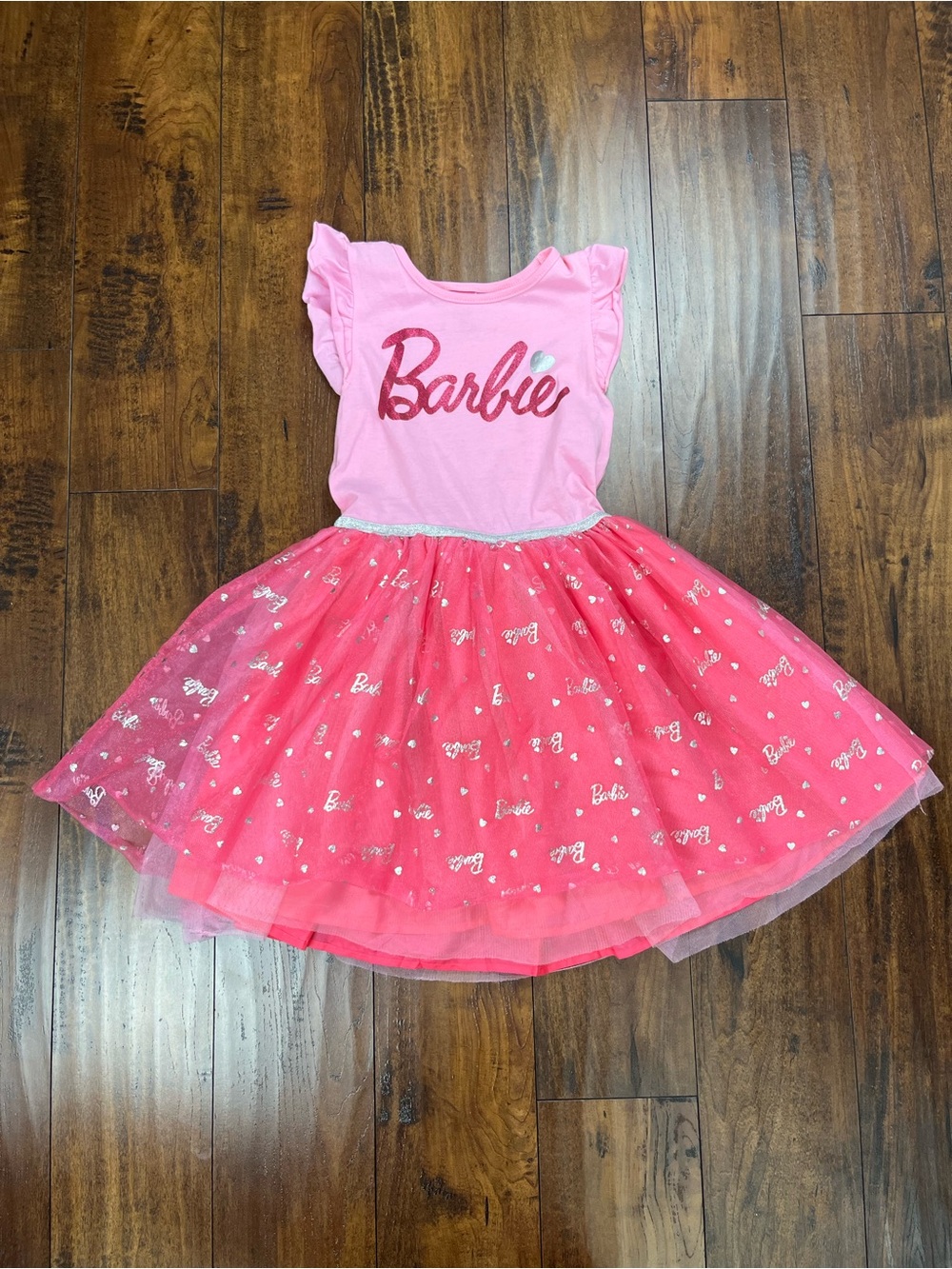 Barbie Dress with Pink Silver Logo Pink Tulle Skirt Girl’s Size 7/8.